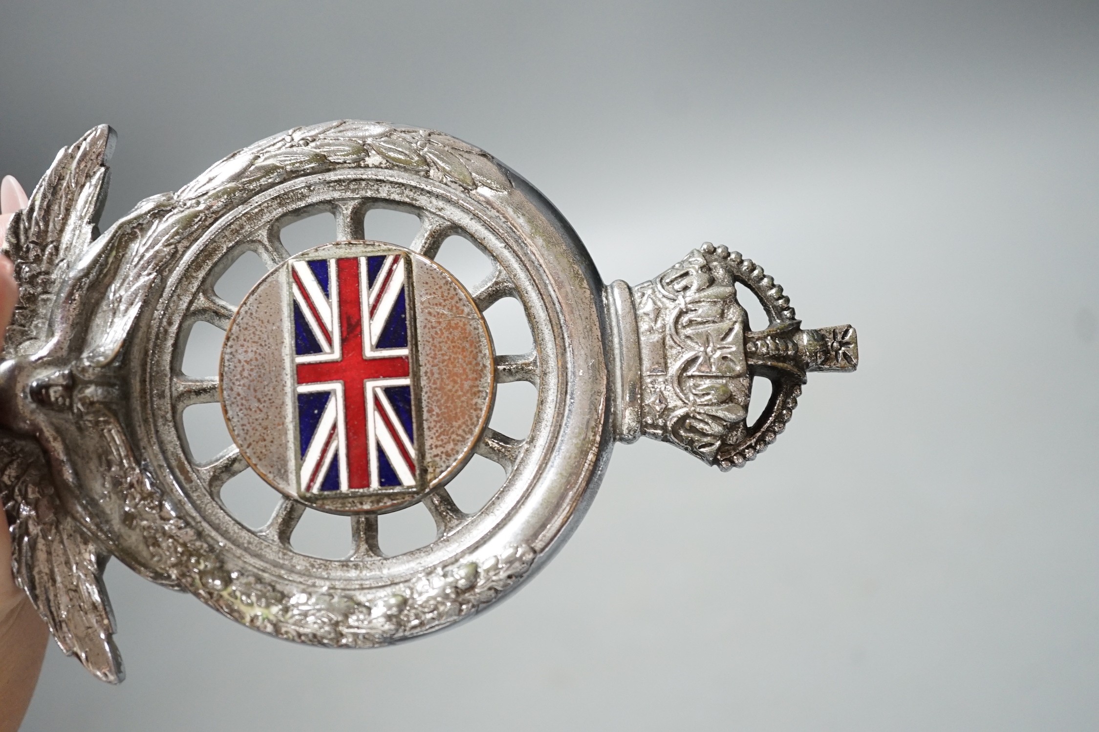 A pre-WWI RAC chromium plated car badge, 16.5cms high